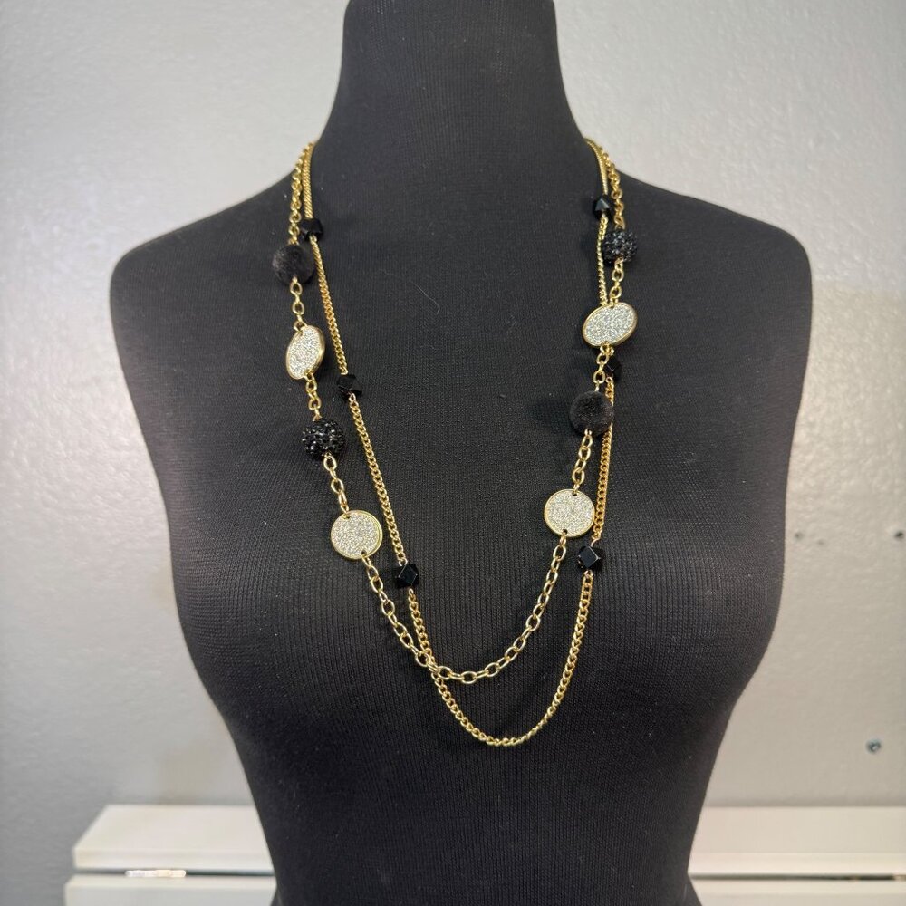Gold-Tone Multi-Strand Necklace With Black Beads & Glittery Discs Statement Jewe